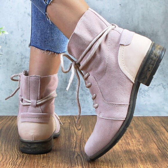 Women's Dusty Pink Genuine Leather Suede Ankle Lace Bootie with Side Zipper - Picture 2 of 9